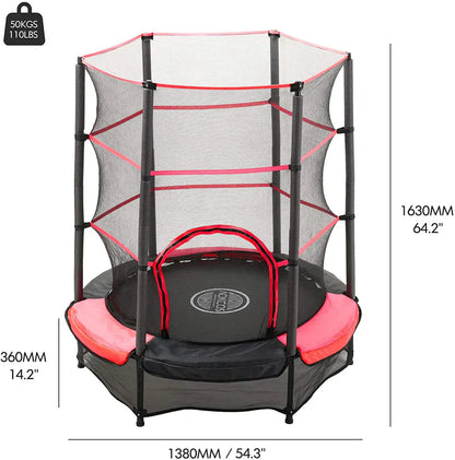55 Inch Kids Trampoline with Safety Net Enclosure | 4.5ft Mini Indoor & Outdoor Trampoline for Children (Age 2–6), Weight Capacity: Up to 45–50 kg (100–110 lbs), Galvanized Steel Frame, Foam Padding & Zipper Door Safety Jumping Bed