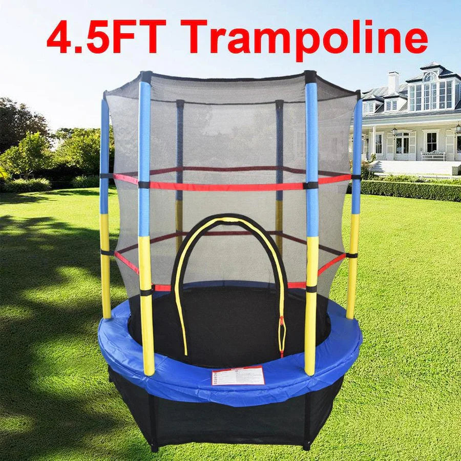 55 Inch Kids Trampoline with Safety Net Enclosure | 4.5ft Mini Indoor & Outdoor Trampoline for Children (Age 2–6), Weight Capacity: Up to 45–50 kg (100–110 lbs), Galvanized Steel Frame, Foam Padding & Zipper Door Safety Jumping Bed