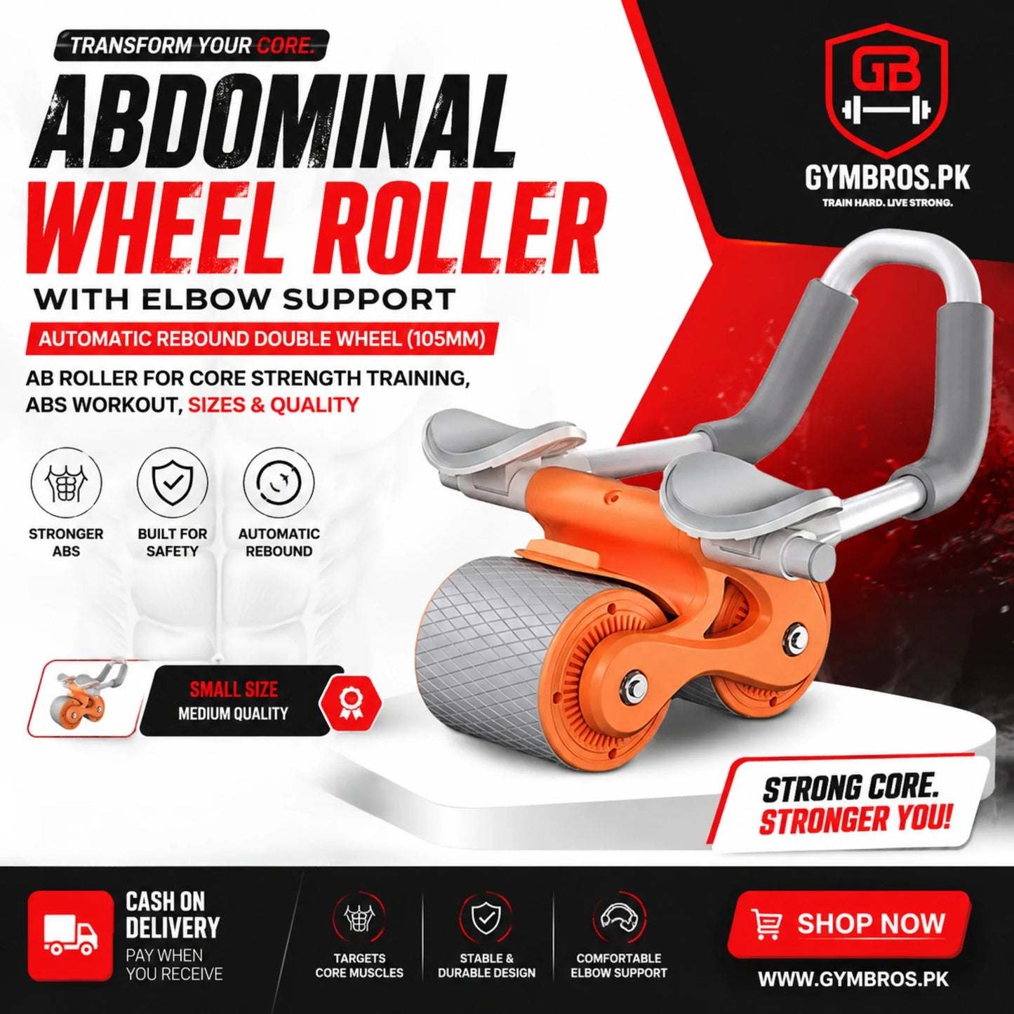 Abdominal Wheel Roller with Elbow Support Automatic Rebound Double Wheel (105mm), Small Size (Medium Quality), Large Size (Premium Quality),  Ab Roller for Core Strength Training,  Abs Workout, Home Gym Exercise Equipment with Non-Slip Grip