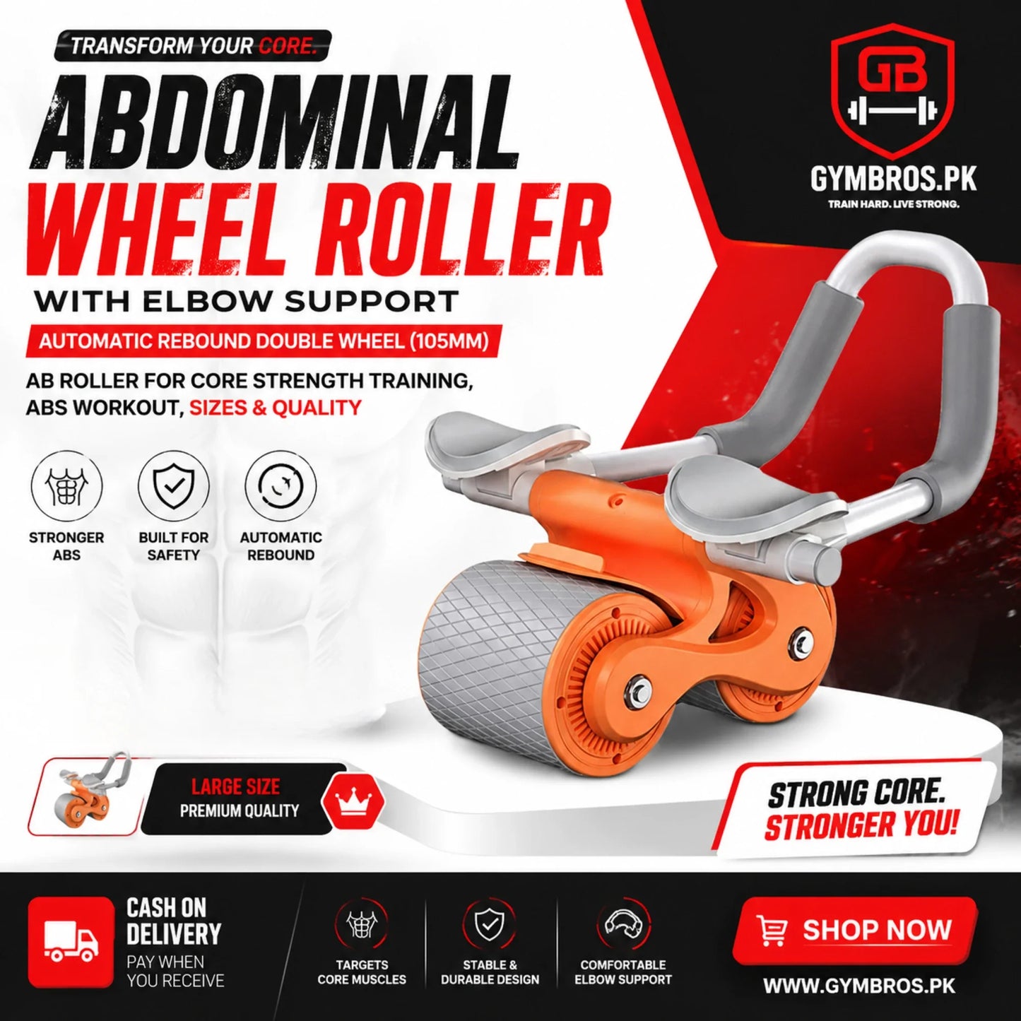 Abdominal Wheel Roller with Elbow Support Automatic Rebound Double Wheel (105mm), Small Size (Medium Quality), Large Size (Premium Quality),  Ab Roller for Core Strength Training,  Abs Workout, Home Gym Exercise Equipment with Non-Slip Grip