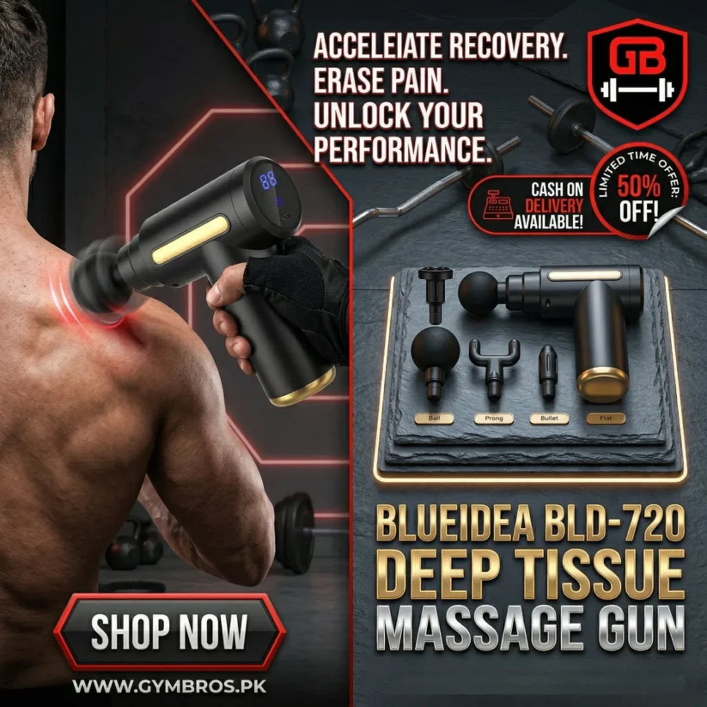 Blueidea BLD-720 Deep Tissue Massage Gun | 6 Speed Levels, 4 Massage Heads, USB Rechargeable Handheld Fascial Gun for Muscle Recovery & Pain Relief