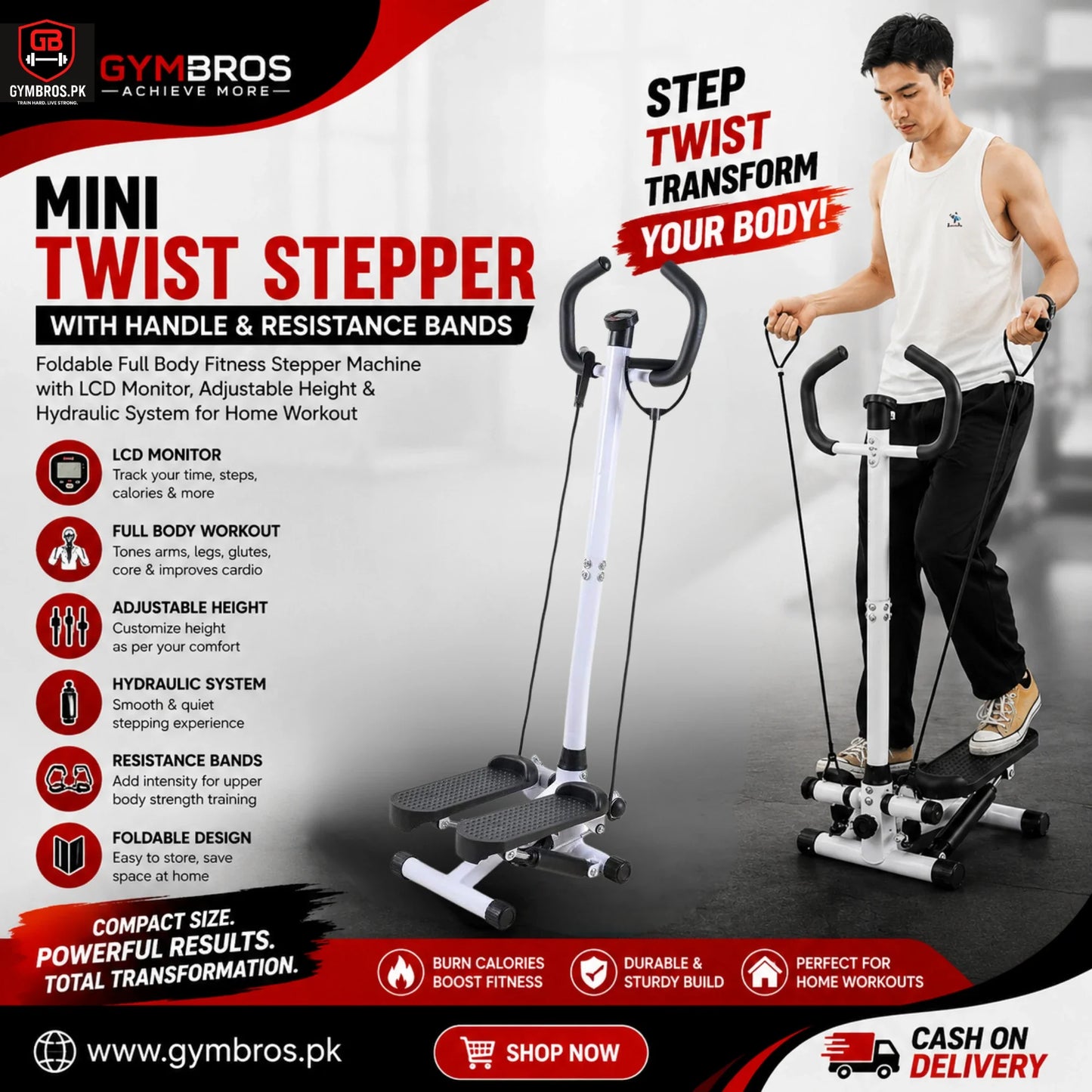 Mini Twist Stepper with Handle & Resistance Bands | Foldable Full Body Fitness Stepper Machine with LCD Monitor, Adjustable Height & Hydraulic System for Home Workout