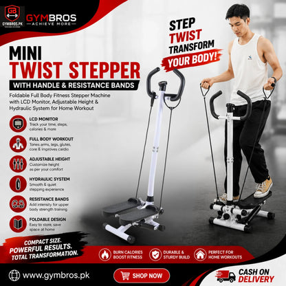 Mini Twist Stepper with Handle & Resistance Bands | Foldable Full Body Fitness Stepper Machine with LCD Monitor, Adjustable Height & Hydraulic System for Home Workout