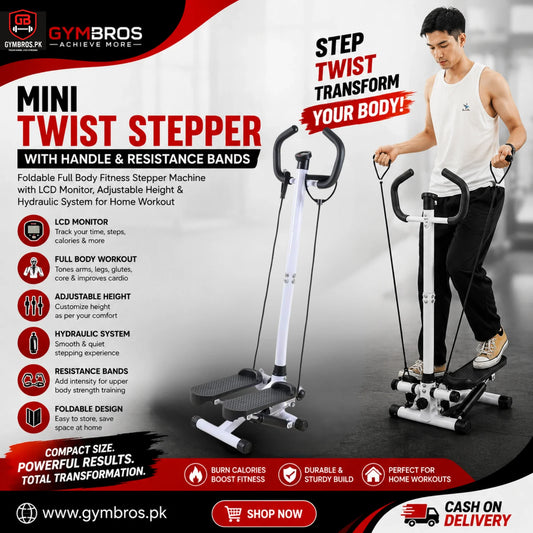 Mini Twist Stepper with Handle & Resistance Bands | Foldable Full Body Fitness Stepper Machine with LCD Monitor, Adjustable Height & Hydraulic System for Home Workout