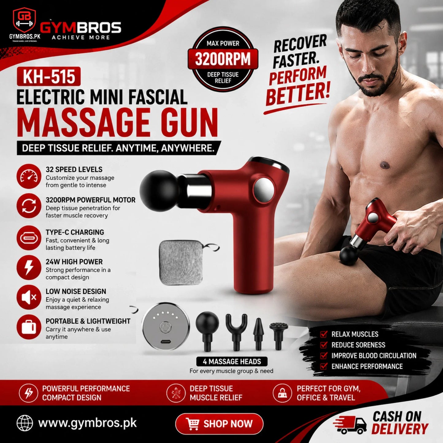 KH-515 Electric Mini Fascial Massage Gun | 32 Speed Levels, 3200RPM Deep Tissue Muscle Massager with LED Touch Screen, Type-C Charging, 24W Power, 4 Massage Heads & Low Noise Portable Design