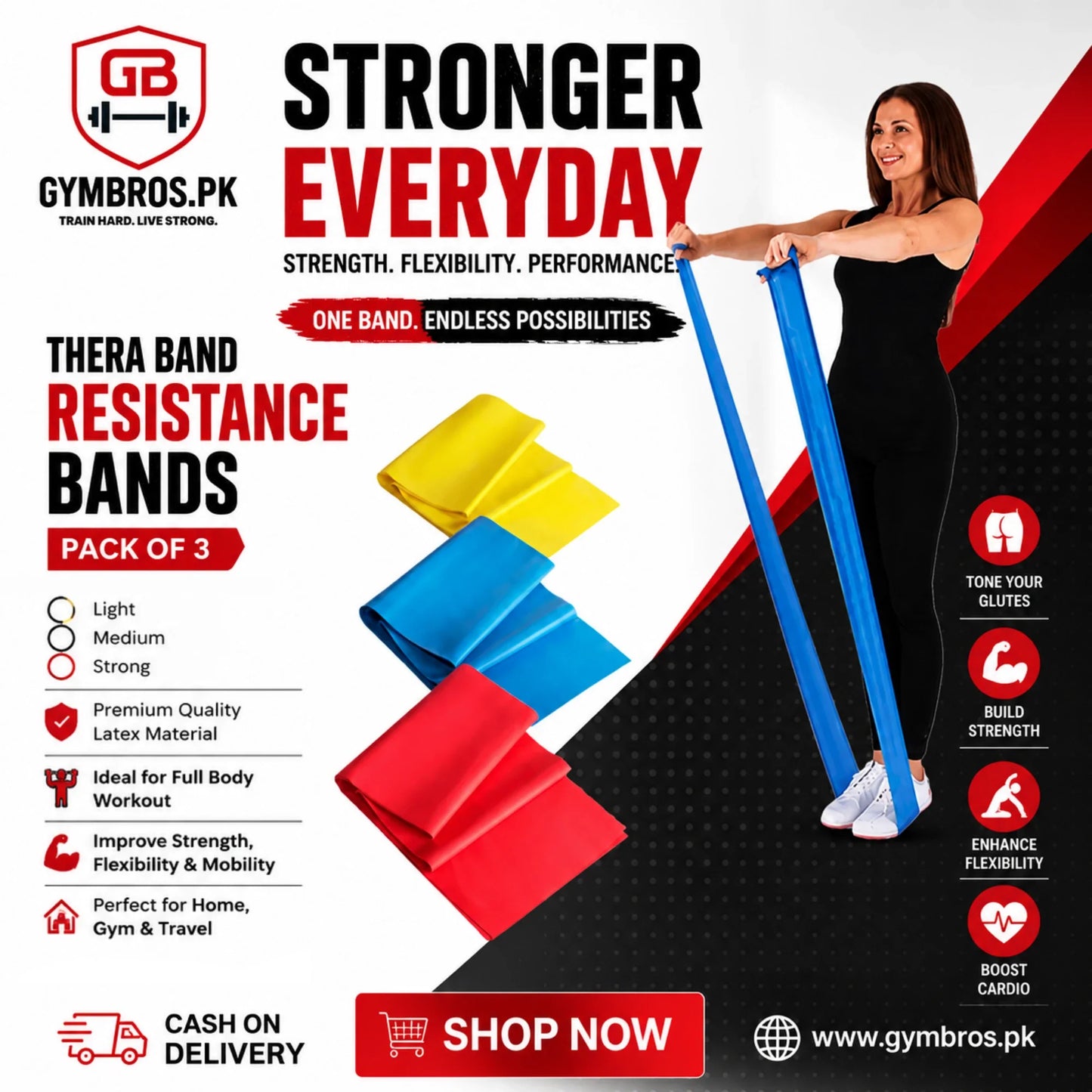 Thera Band Resistance Bands Pack of 3 for Glutes, Fitness & Strength Training – Light, Medium & Strong Exercise Bands for Full Body Workout, Flexibility, Cardio & Home Gym Use