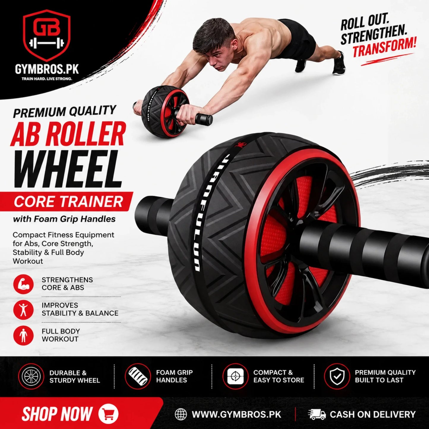 Premium Quality Ab Roller Wheel Core Trainer with Foam Grip Handles, Compact Fitness Equipment for Abs, Core Strength, Stability & Full Body Workout