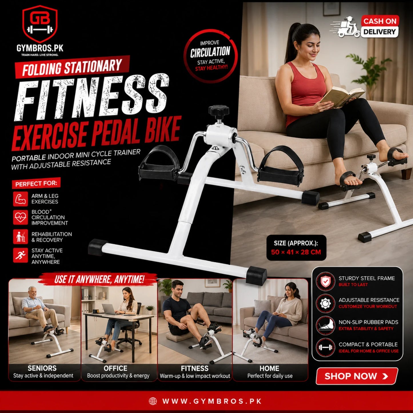 Folding Stationary Fitness Exercise Pedal Bike Portable Indoor Mini Cycle Trainer with Adjustable Resistance, Size: Approx. 50 × 41 × 28 cm, Non-Slip Rubber Pads & Steel Frame for Arm and Leg Exercise & Blood Circulation Improvement