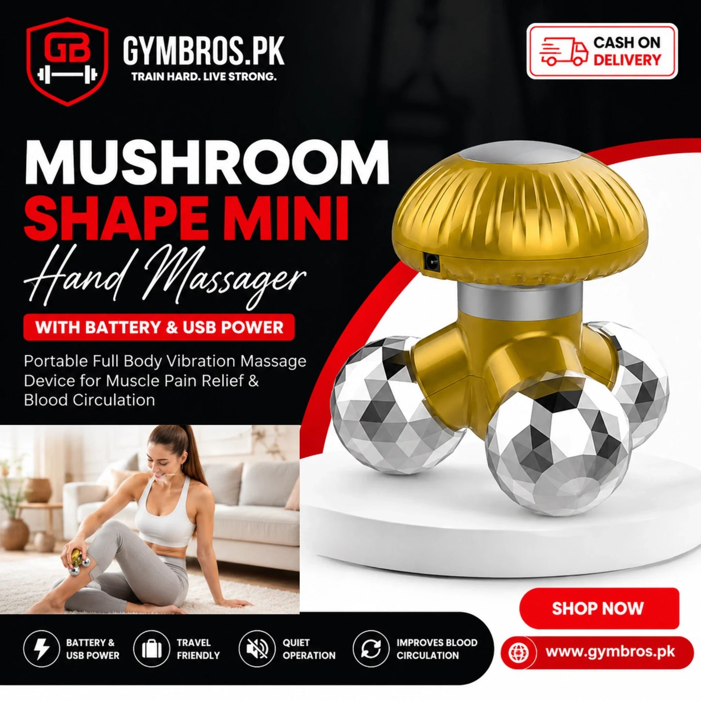 Mushroom Shape Mini Hand Massager with Battery & USB Power, Portable Full Body Vibration Massage Device for Muscle Pain Relief & Blood Circulation (10.6×10.2×9.7cm)