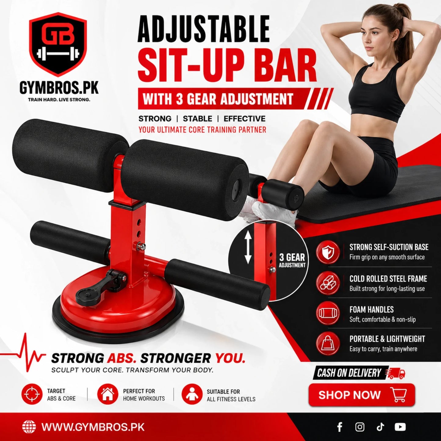 Adjustable Sit-Up Bar with 3 Gear Adjustment, Strong Self-Suction Base, Cold Rolled Steel Frame & Foam Handles, Portable Abdominal Exercise Equipment for Sit-Ups & Home Fitness Training (26×31.8×18–20cm)