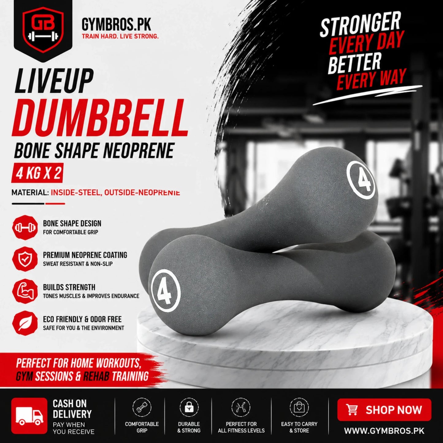 Liveup Bone Shape Neoprene Dumbbells Pair 0.5KG to 5KG Each | Steel Core Anti-Slip Hand Weights for Home Gym, Aerobics & Strength Training