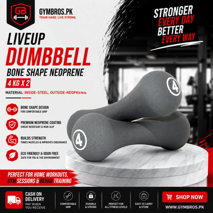 Liveup Bone Shape Neoprene Dumbbells Pair 0.5KG to 5KG Each | Steel Core Anti-Slip Hand Weights for Home Gym, Aerobics & Strength Training