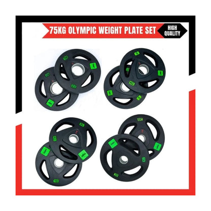 75KG Olympic Rubber Coated Weight Plates Pack – Tri-Grip Design, Durable & Rust-Free 2 Inch Plates