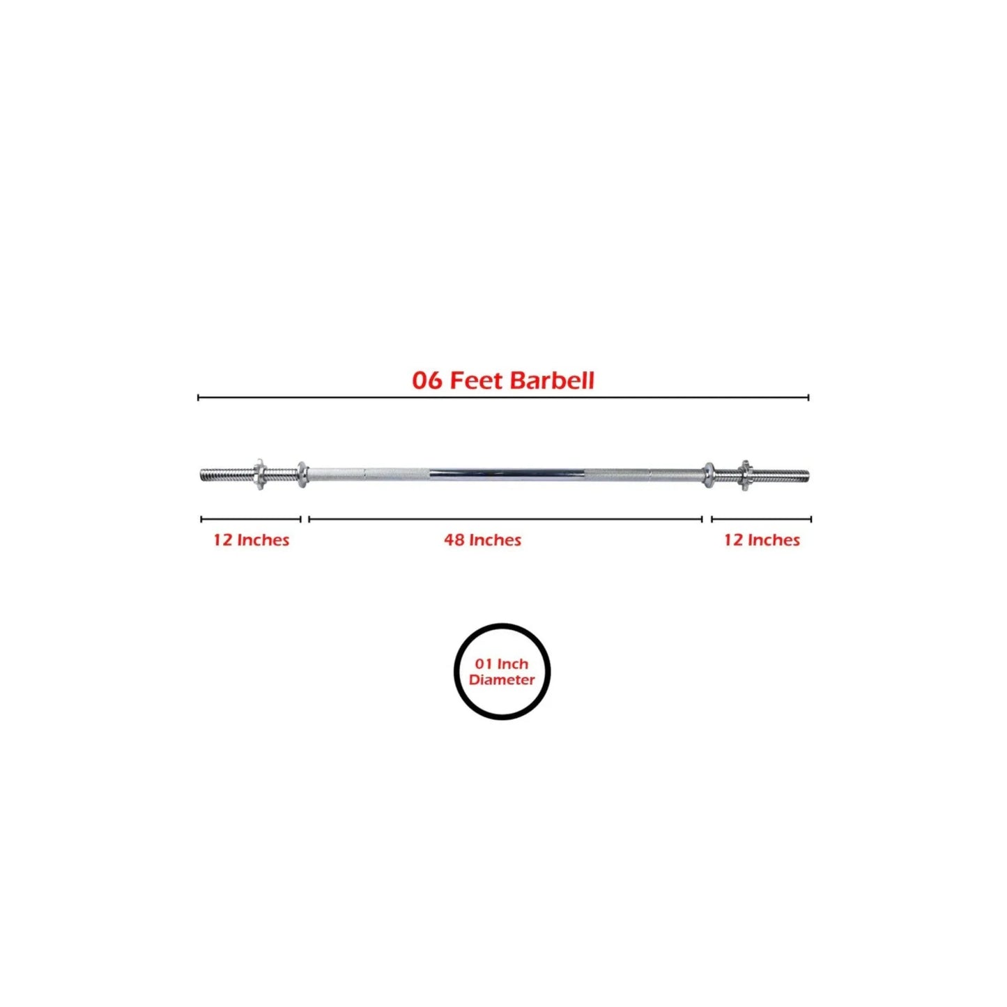 Iron Steel Barbell Rod (3ft, 4ft, 5ft, 6ft) | 1-Inch Chrome Finish Solid Weight Lifting Bar with Diamond Knurled Grip, Spinlock Collars for Home & Gym
