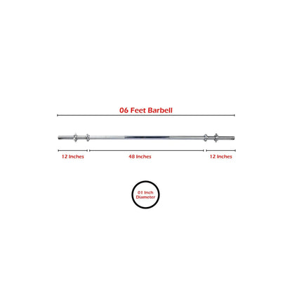 Iron Steel Barbell Rod (3ft, 4ft, 5ft, 6ft) | 1-Inch Chrome Finish Solid Weight Lifting Bar with Diamond Knurled Grip, Spinlock Collars for Home & Gym