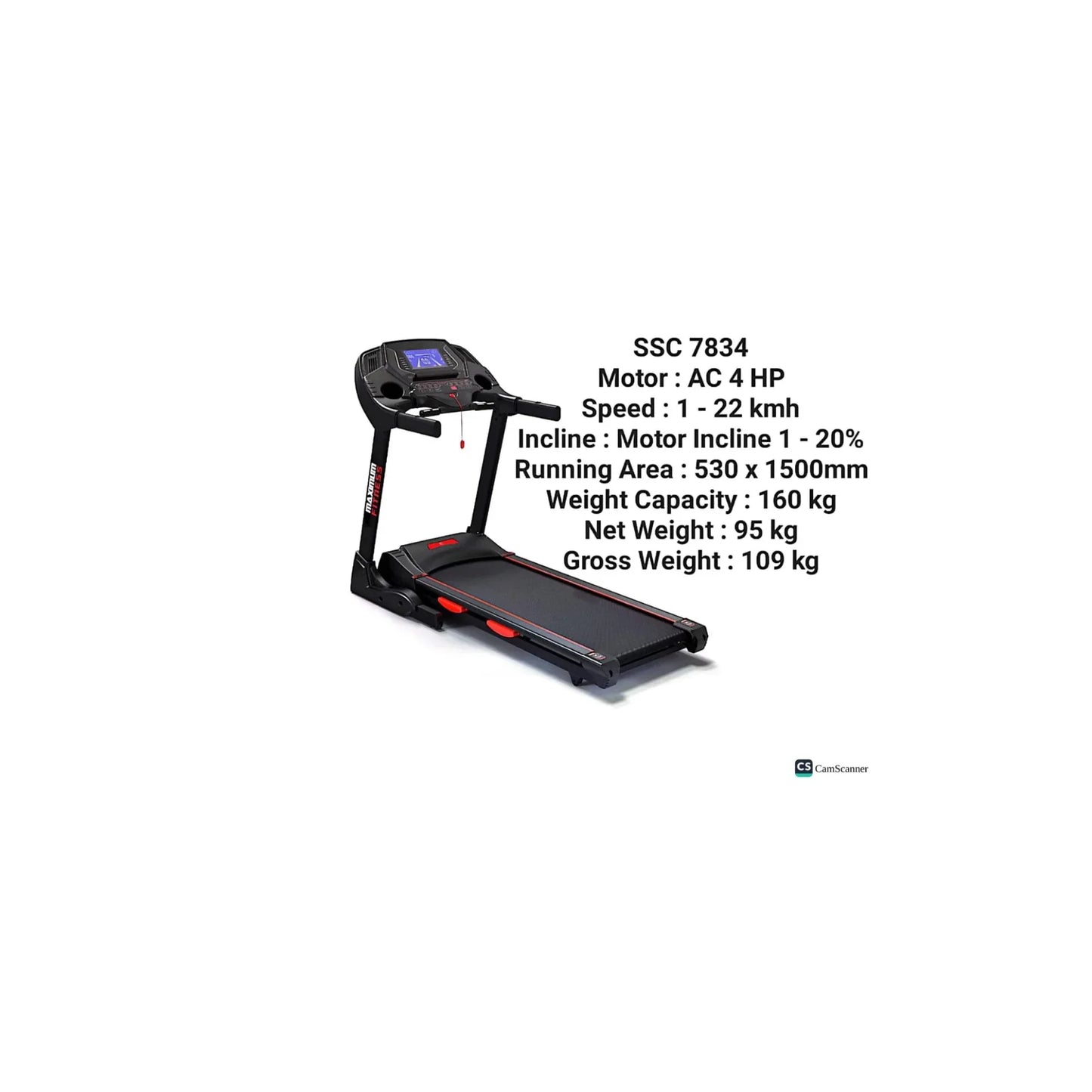 Maximum Fitness SSC 7834 Treadmill | AC 4HP Motorized Treadmill with 530×1500MM Running Area, 1–22 KM/H Speed, 1–20% Motor Incline & 160KG Capacity