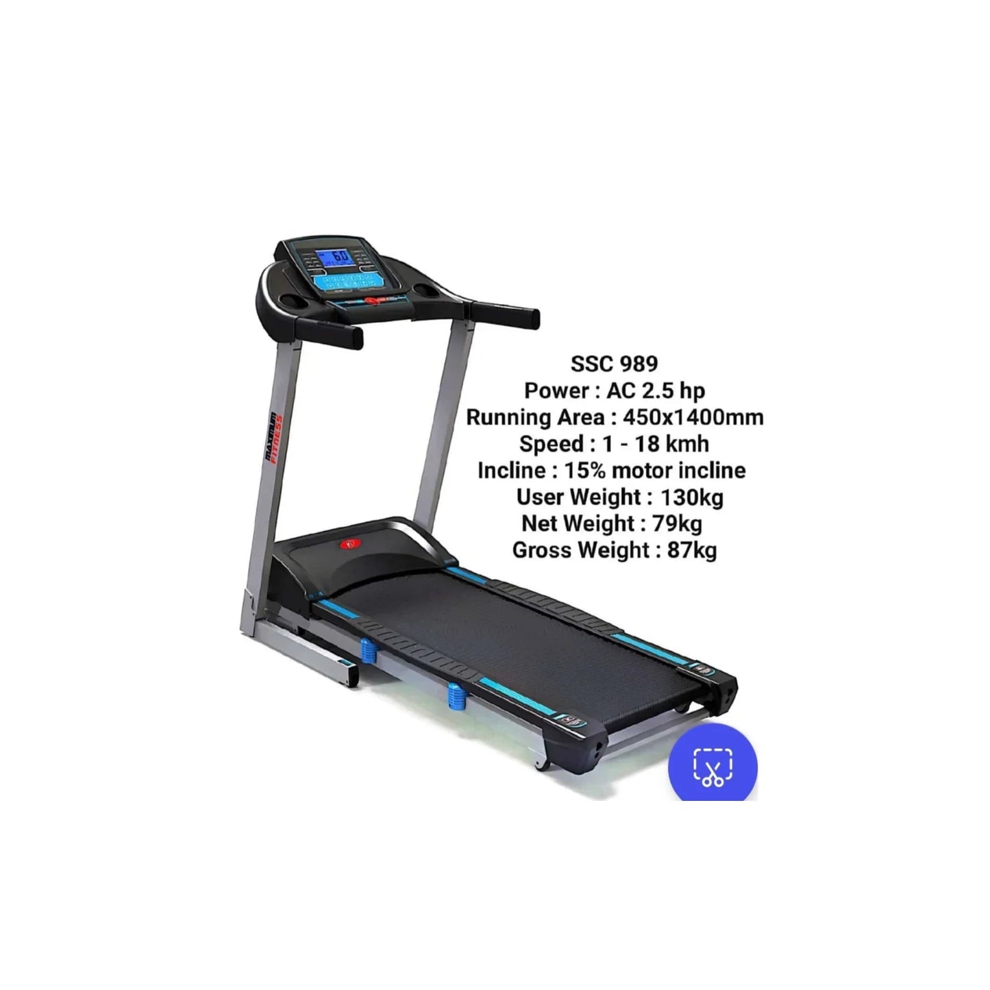 Maximum Fitness SSC 989 AC Motor Treadmill | AC 2.5HP Motorized Treadmill with 450×1400MM Running Area, 1–18 KM/H Speed, 15% Motor Incline & 130KG Capacity