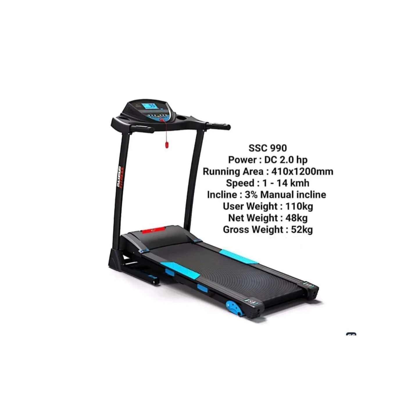 MAXIMUM FITNESS SSC 990 Motorized Treadmill | 2.0HP 180V-240V DC Permanent Magnet Motor, 4900 RPM | 1–14 KM/H Speed, 410×1200MM Running Area, 3% Manual Incline & 110KG User Capacity