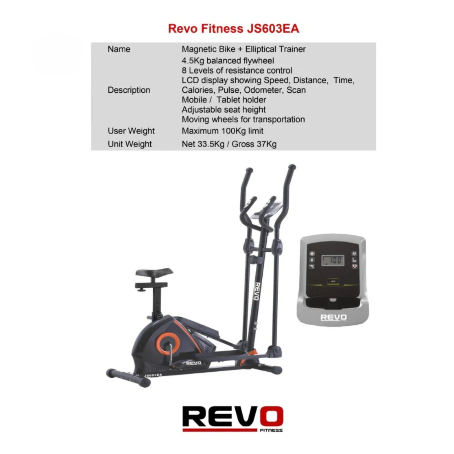 Revo Fitness JS603EA Magnetic Bike Elliptical Trainer | 2-in-1 Magnetic Exercise Bike & Elliptical Trainer with 4.5KG Flywheel, 8 Resistance Levels, LCD Display & 100KG Capacity