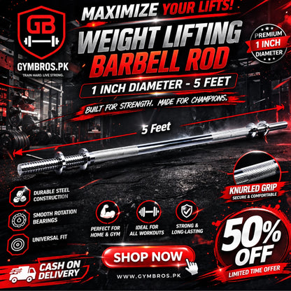 Iron Steel Barbell Rod (3ft, 4ft, 5ft, 6ft) | 1-Inch Chrome Finish Solid Weight Lifting Bar with Diamond Knurled Grip, Spinlock Collars for Home & Gym