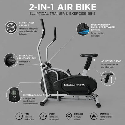 American Fitness 8.2-A Orbit Air Bike Elliptical – 2-in-1 Orbitrack Exercise Bike with Adjustable Resistance & 120KG Capacity