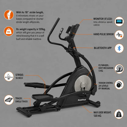 American Fitness D3.1E Elliptical Machine with 18-Inch Stride, 24-Level Resistance, Bluetooth APP, 5KG Flywheel & LCD Monitor | 120KG Capacity Home Cross Trainer