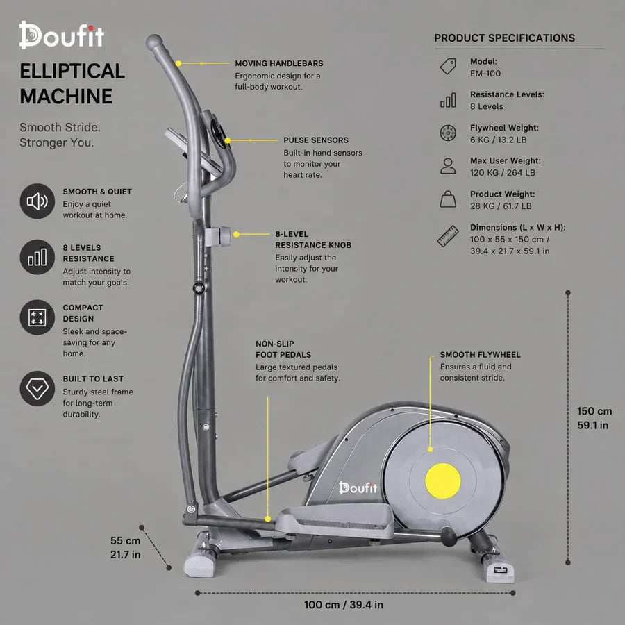 Doufit EM-04 Elliptical Machine for Home Gym | Heavy Duty Magnetic Cross Trainer 8-Level Resistance, 12 lbs Flywheel, LCD Monitor, 250 lbs Capacity Full Body Cardio Fitness Equipment
