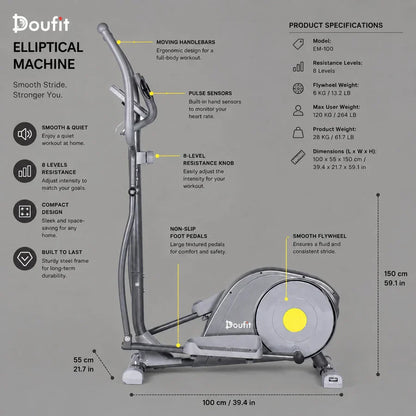 Doufit EM-04 Elliptical Machine for Home Gym | Heavy Duty Magnetic Cross Trainer 8-Level Resistance, 12 lbs Flywheel, LCD Monitor, 250 lbs Capacity Full Body Cardio Fitness Equipment