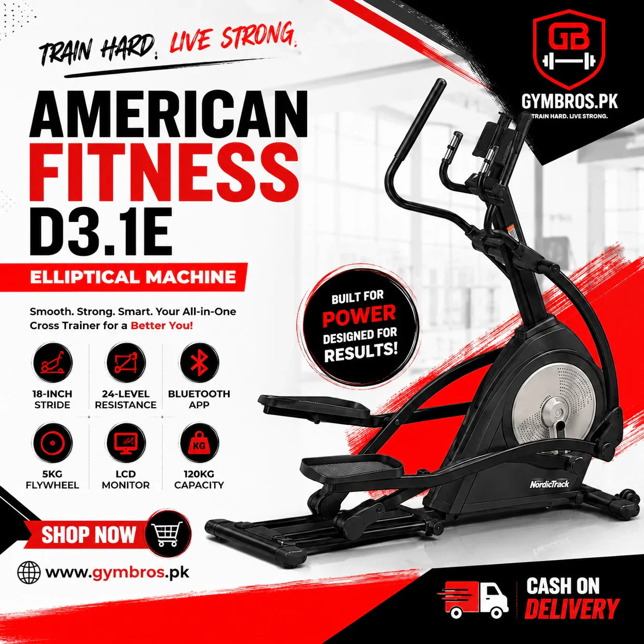 American Fitness D3.1E Elliptical Machine with 18-Inch Stride, 24-Level Resistance, Bluetooth APP, 5KG Flywheel & LCD Monitor | 120KG Capacity Home Cross Trainer
