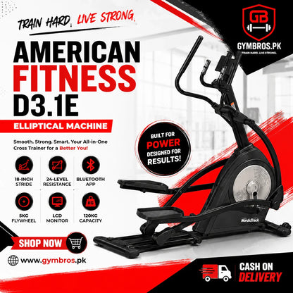 American Fitness D3.1E Elliptical Machine with 18-Inch Stride, 24-Level Resistance, Bluetooth APP, 5KG Flywheel & LCD Monitor | 120KG Capacity Home Cross Trainer