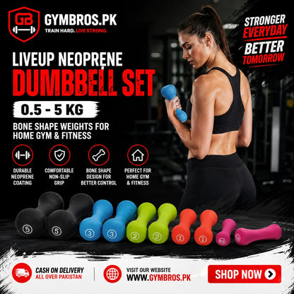Liveup Bone Shape Neoprene Dumbbells Pair 0.5KG to 5KG Each | Steel Core Anti-Slip Hand Weights for Home Gym, Aerobics & Strength Training