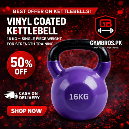 Vinyl Coated Cast Iron Kettlebell 2kg–20kg Solid Weight Training Kettle Bell with Wide Grip Handle, Flat Base & PVC Protective Coating for Full Body Strength, Cardio & Functional Home Gym Workout