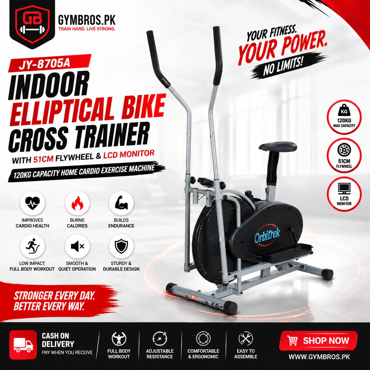 JY-8705A Indoor Elliptical Bike Cross Trainer with 51CM Flywheel & LCD Monitor | 120KG Capacity Home Cardio Exercise Machine