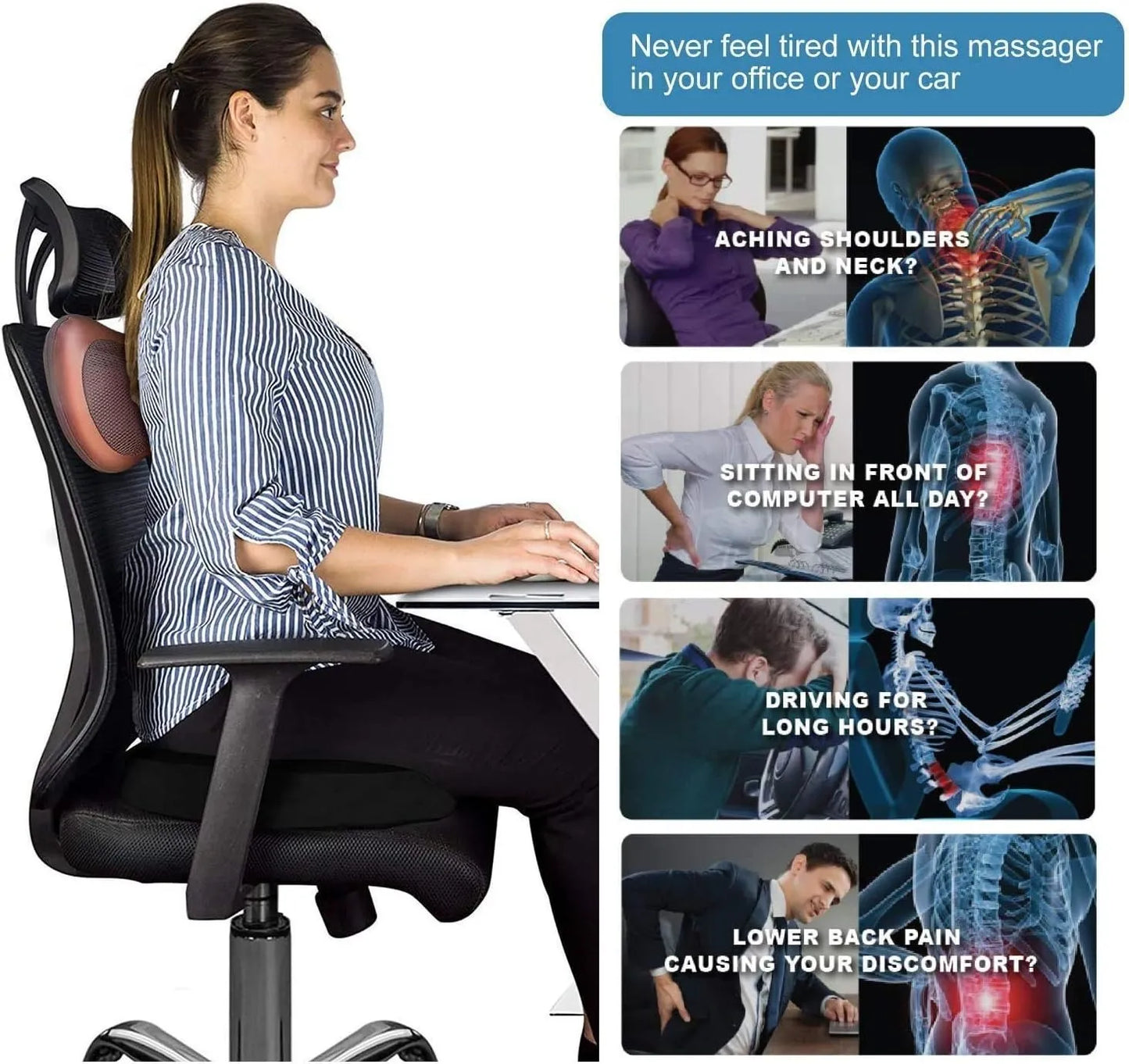 Car Massage Pillow Electric Shiatsu Massager – 4D Rotating Nodes, Heat Function (45°C), 3 Speed Levels, Neck Back Shoulder Body Pain Relief Cushion for Home & Car Use