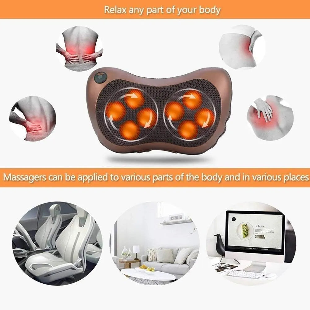 Car Massage Pillow Electric Shiatsu Massager – 4D Rotating Nodes, Heat Function (45°C), 3 Speed Levels, Neck Back Shoulder Body Pain Relief Cushion for Home & Car Use