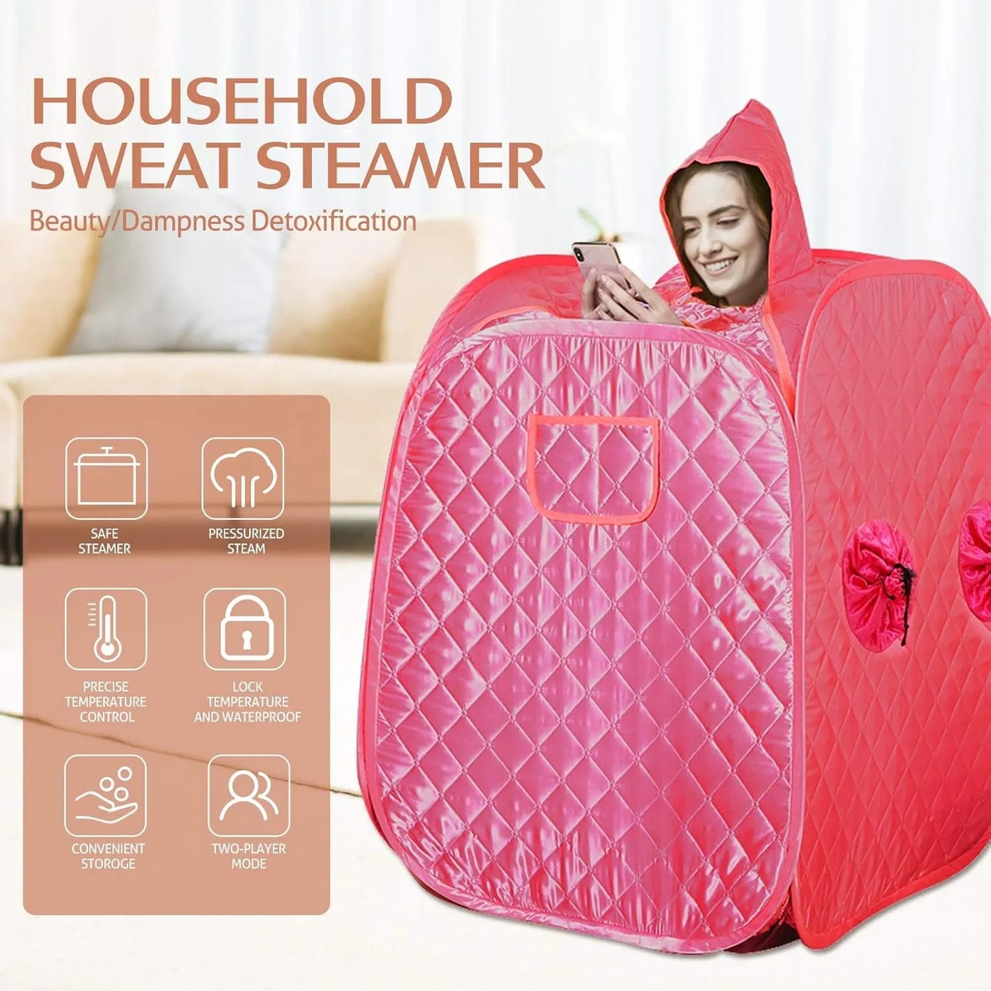 Portable Home Sauna Steam Box 1000W 220V with 9 Temperature Levels, Timer, Anti-Dry & Leak Protection, Explosion Safe Design, 80×80×98cm Folding Sauna Tent with Intelligent Remote Control & Steamer