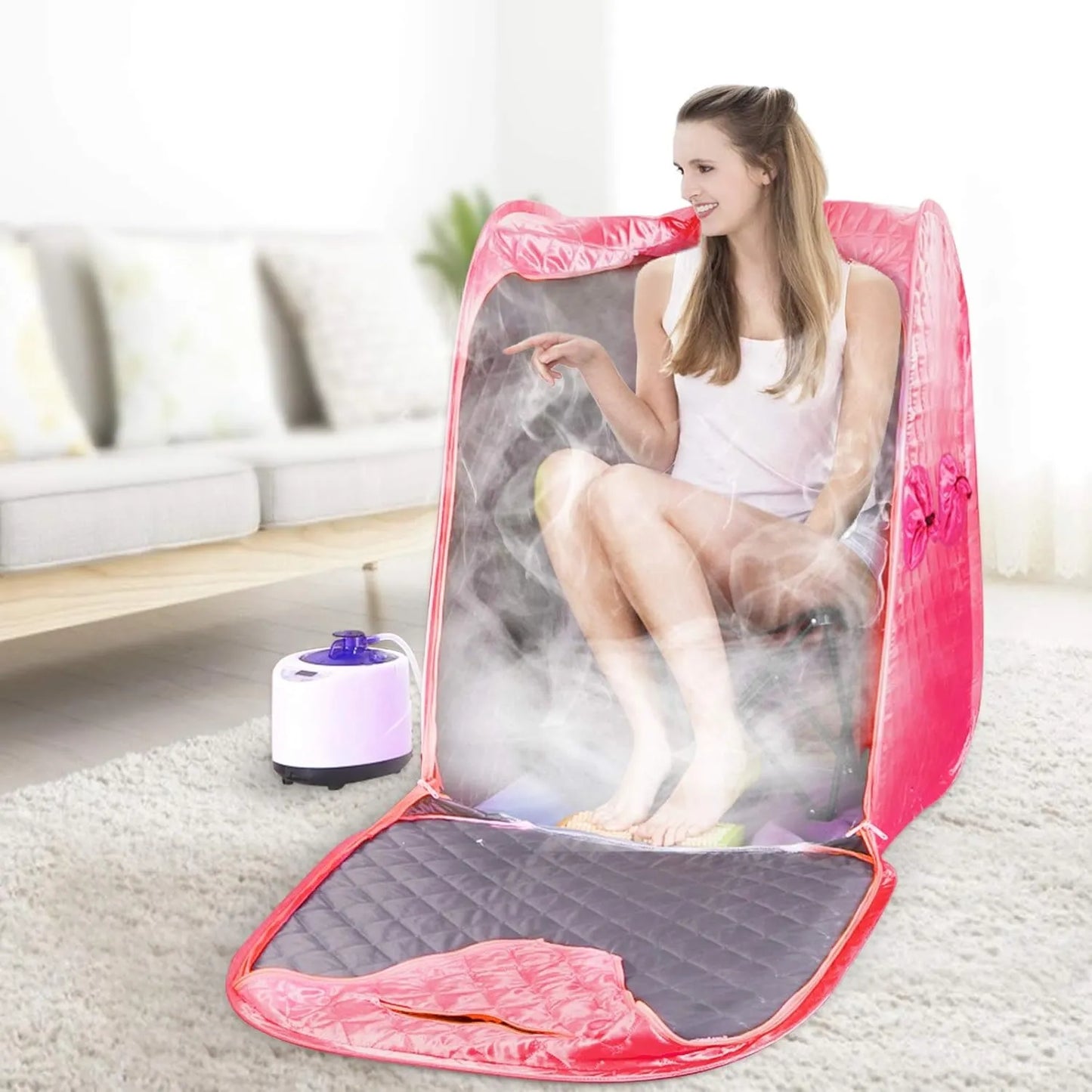 Portable Home Sauna Steam Box 1000W 220V with 9 Temperature Levels, Timer, Anti-Dry & Leak Protection, Explosion Safe Design, 80×80×98cm Folding Sauna Tent with Intelligent Remote Control & Steamer