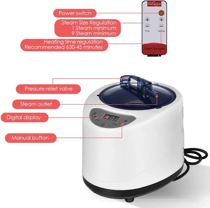 Portable Home Sauna Steam Box 1000W 220V with 9 Temperature Levels, Timer, Anti-Dry & Leak Protection, Explosion Safe Design, 80×80×98cm Folding Sauna Tent with Intelligent Remote Control & Steamer