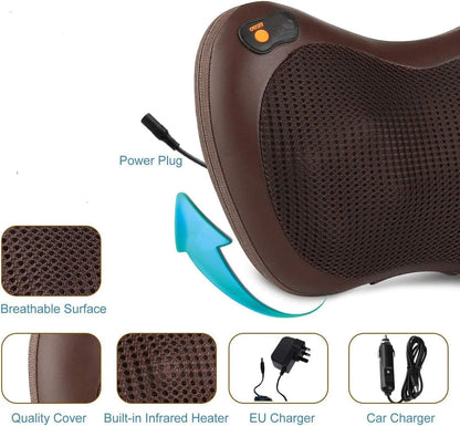 Car Massage Pillow Electric Shiatsu Massager – 4D Rotating Nodes, Heat Function (45°C), 3 Speed Levels, Neck Back Shoulder Body Pain Relief Cushion for Home & Car Use