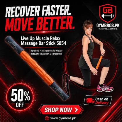LiveUp Massage Stick 5054 | Muscle Recovery Roller Bar 45cm with 4 Rollers, PVC Body & Rubber Grip for Fitness, Therapy & Relaxation