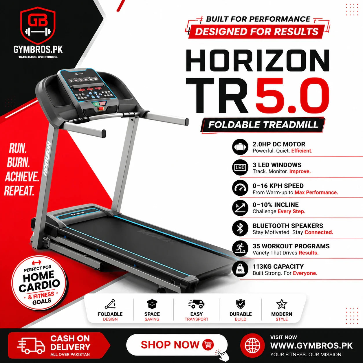 HORIZON TR5.0 Foldable Treadmill with 2.0HP DC Motor, 3 LED Windows, RATING: 220-240 V- / 7A, 0–16 KPH Speed, 0–10% Incline, Bluetooth Speakers, 35 Workout Programs & 113KG Capacity Home Cardio Running Machine