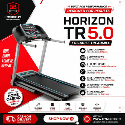 HORIZON TR5.0 Foldable Treadmill with 2.0HP DC Motor, 3 LED Windows, RATING: 220-240 V- / 7A, 0–16 KPH Speed, 0–10% Incline, Bluetooth Speakers, 35 Workout Programs & 113KG Capacity Home Cardio Running Machine