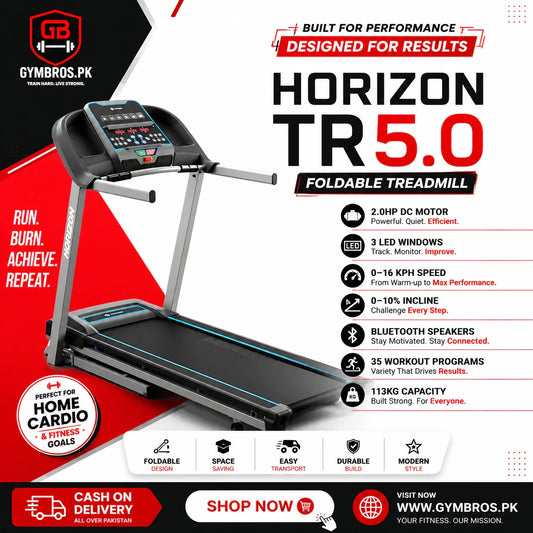 HORIZON TR5.0 Foldable Treadmill with 2.0HP DC Motor, 3 LED Windows, RATING: 220-240 V- / 7A, 0–16 KPH Speed, 0–10% Incline, Bluetooth Speakers, 35 Workout Programs & 113KG Capacity Home Cardio Running Machine