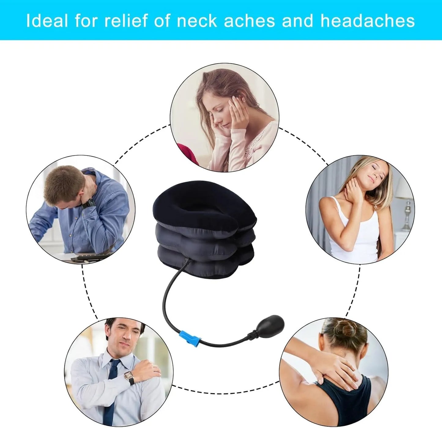 Inflatable Cervical Neck Traction Device with 3-Layer Adjustable Air Support, Soft Flocked Fabric, Manual Air Pump & Universal Adjustable Strap for Neck Pain Relief, Posture Correction & Cervical Support