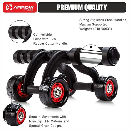 4-Wheel Ab Roller Abdominal Workout Equipment with EVA Grip, Steel Frame & PP/PVC Wheels, 30cm Body, 5.8cm Wide Wheels for Core Strength Training Fitness Roller for Abs, Arms & Home Gym Exercise