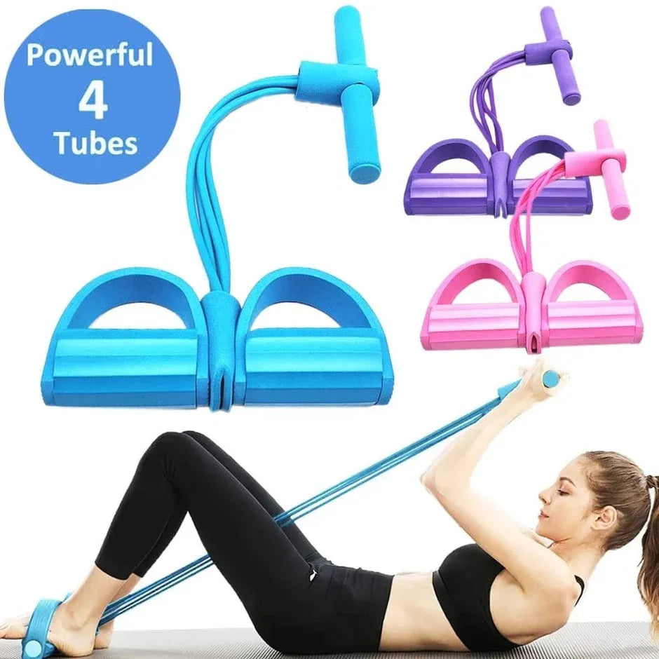 4 Tube Elastic Sit-Up Pull Rope Resistance Band | High Elastic Latex Abdominal Exerciser with Foam Handles for Workout, Fitness, Pilates & Physio Training