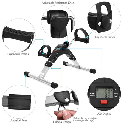 Mini Exercise Cycle with LCD Meter Foldable Portable Exercise Bike Pedal Trainer for Arm & Leg Workout with Adjustable Resistance, Under Desk Fitness Cycle Machine for Home, Office & Rehabilitation Use
