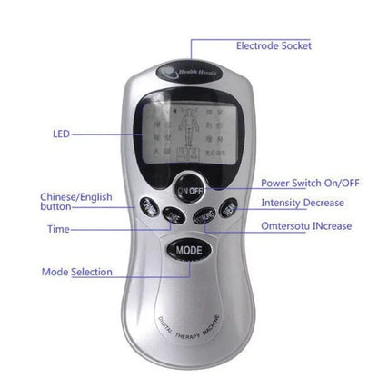 Inditradition 8 in 1 Digital Therapy Machine Electric Muscle Stimulator with Acupuncture & Vibration Modes, Pain Relief Pulse Massager with 4 Electrode Pads, Palm Device, USB Adapter & AAA Batteries
