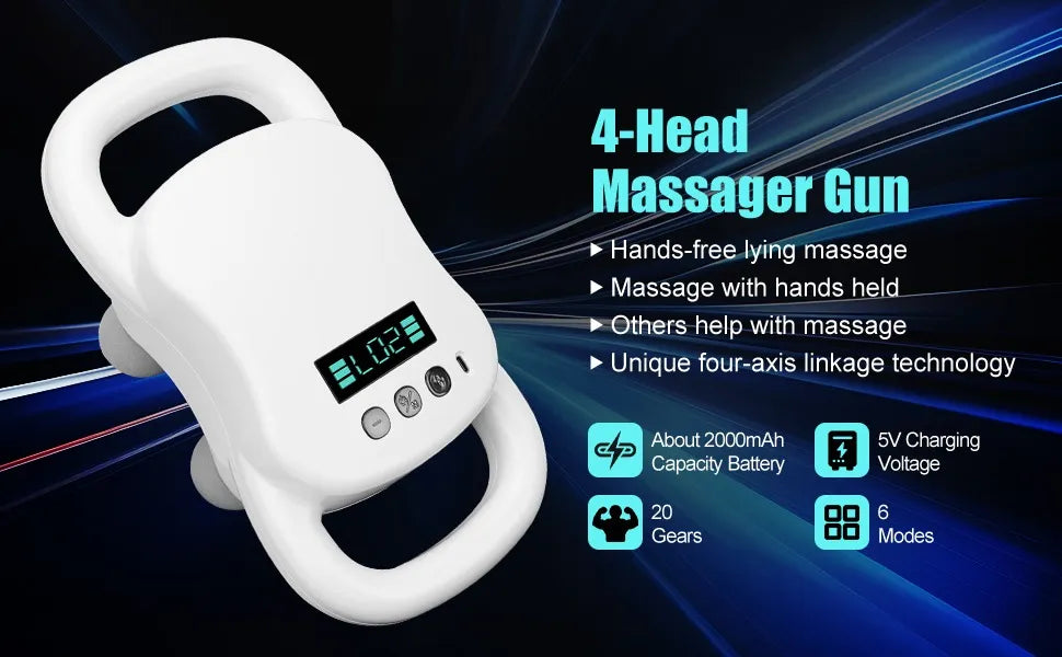 Deep Tissue Massage Gun 4-Heads Handheld Electric Percussion Massager Rechargeable Cordless Body Massager for Pain Relief in Back, Neck, Shoulder & Legs Muscle Relaxation & Recovery