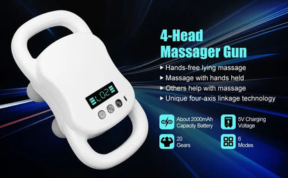 Deep Tissue Massage Gun 4-Heads Handheld Electric Percussion Massager Rechargeable Cordless Body Massager for Pain Relief in Back, Neck, Shoulder & Legs Muscle Relaxation & Recovery